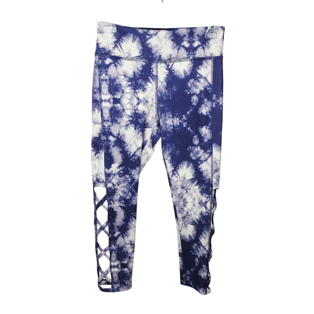 Vogo Athletica Leggings Womens Size Small Blue White Tie Dye Strappy Cut Out